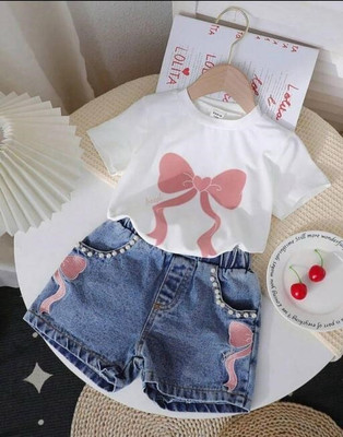 MIRAJ Girls Party(Festive) T-shirt Shorts(White & Blue)