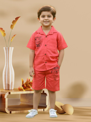FASHION GRAB Boys Casual Shirt Shorts(Carrot Red)