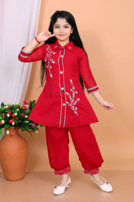 KajolGarments Girls Festive & Party Kurta and Patiala Set(Red Pack of 1)