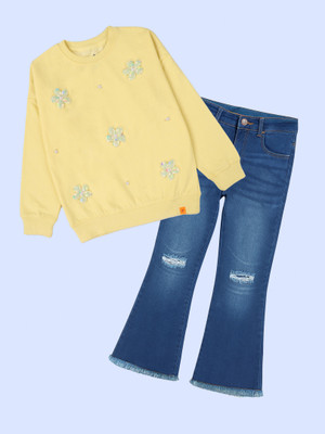KiddoPanti Girls Casual Sweatshirt Jeans(Pop Yellow & Dark Blue)