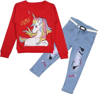 Arshia Fashions Girls Party(Festive) Sweatshirt Jeans(Red)