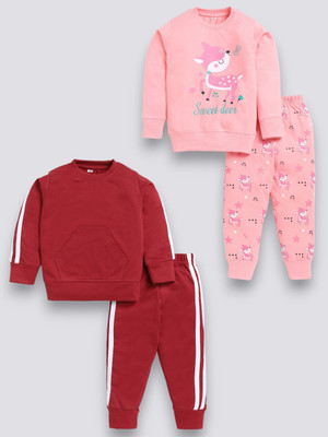 carrydreams Girls Casual T-shirt Trouser(MAROON_ROSE)