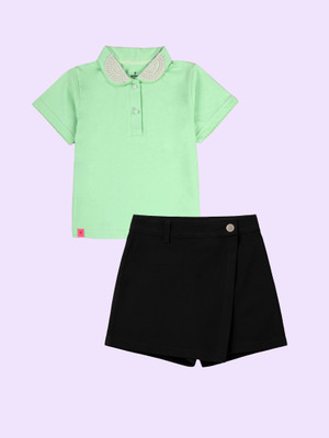 KiddoPanti Girls Casual T-shirt Shorts(Paradise Green & Black)