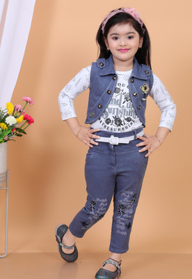 LYZOOENTERPRISE Girls Party(Festive) Top Pant, Blazer, Top(STEEL FULL)