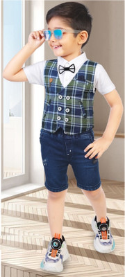 Choo Choo Boys Casual Waistcoat Shirt, Shorts(Blue)