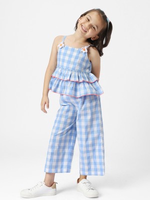 NautiNati Girls Casual Top Trouser(Blue-White)