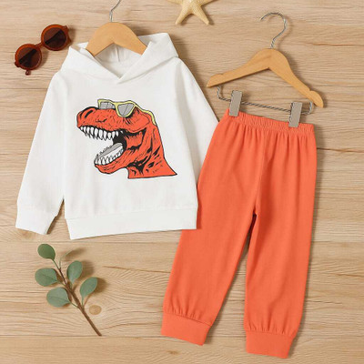 Nutty butty Baby Boys Dinosaur Casual T-shirt Pant(White & Orange)