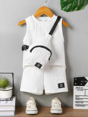 FAHADCREATIONS Boys Casual T-shirt Shorts(White)