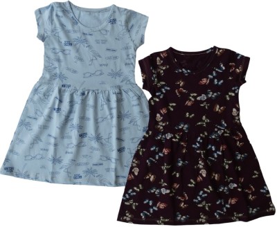 Digsel Cottons Girls Midi/Knee Length Casual Dress(Multicolor, Short Sleeve)