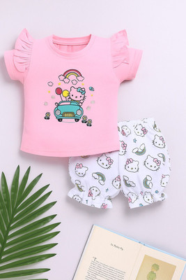 CERABI Girls Casual Top Pant(Pink-White)