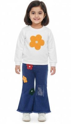 Zudi Girls Disney Princess Party(Festive) Top Pant(White & Blue with Multicolor Floral Accents)