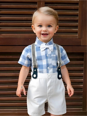 HouseOfCommon Baby Boys Party(Festive) Shirt Shorts, Bow Tie, Suspenders(BLUE)