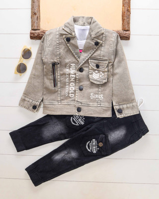 I G CREATION Boys & Girls Casual Jacket Jeans, T-shirt(beige)