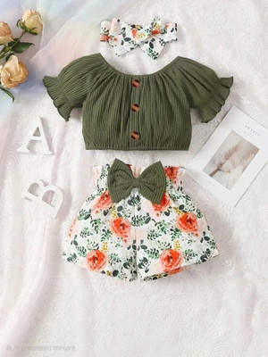 PORPY Girls Party(Festive) Top Shorts, Hairband(Olive Green)