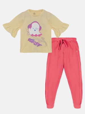 KiddoPanti Girls Casual T-shirt Track Pants(Beige)
