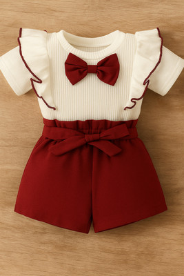 jj dresses Girls Casual Top Shorts(RED, WHITE)