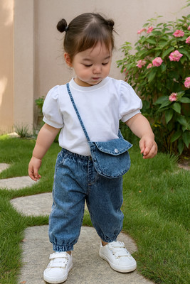 I Naina Dresses Girls Party(Festive) Top Jeans(White & Dark Blue)