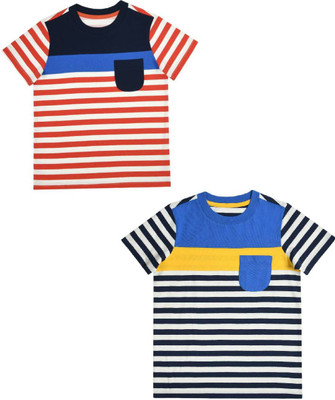 Spunkies Baby Boys Striped Pure Cotton Regular T Shirt(Blue, Pack of 2)
