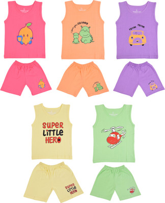 Toddylon Baby Boys & Baby Girls Casual Vest Pyjama(Light Pink, Orange, Yellow, Purple, Green)
