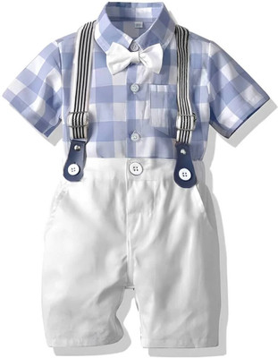 VEERA Baby Boys & Baby Girls Casual Jumpsuit Shirt, Shorts, Bow Tie(Blue)
