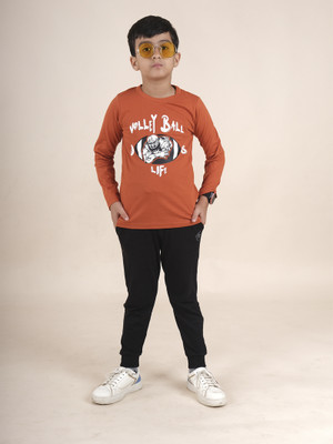 KiddoPanti Boys Casual T-shirt Track Pants(Rust & Jet Black)