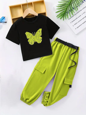 HouseOfCommon Girls Casual T-shirt Pant(Black & Pink)