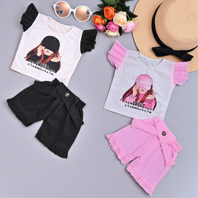 SM Avenew Store Baby Girls Casual T-shirt Shorts(Pink & Black)