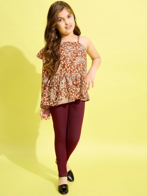 STYLESTONE Girls Casual Top Jegging(Brown)