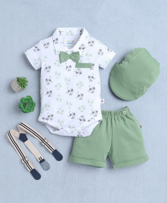 BUMZEE Baby Boys Party(Festive) Bodysuit Shorts, Suspenders, Cap(White & Green)