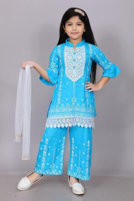 MAGNETE Girls Festive & Party Kurta and Palazzo Set(Light Blue Pack of 1)