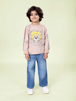 KiddoPanti Boys Casual T-shirt Jeans(Brown & Md Wash Blue)