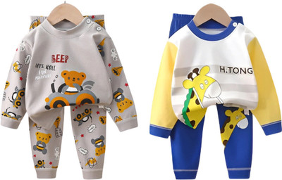 HDKFASHION Baby Boys & Baby Girls Casual T-shirt Pyjama(Grey and Royal Blue)
