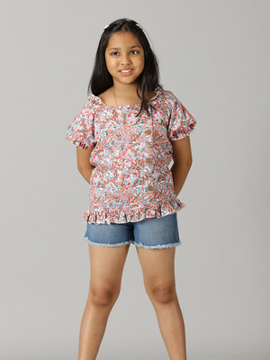 KiddoPanti Girls Casual Top Shorts(Orange & Md Blue)