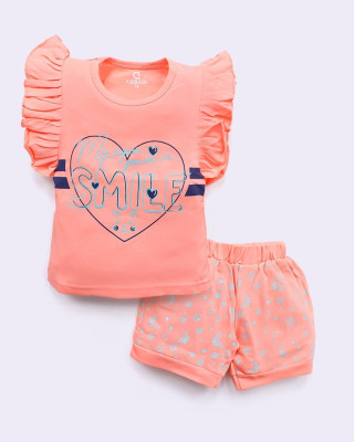 CERABI Girls Casual Top Shorts(Orange)