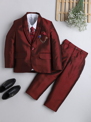 DKGF FASHION Boys Party(Festive) Blazer Trouser, Tie, Shirt(Maroon)