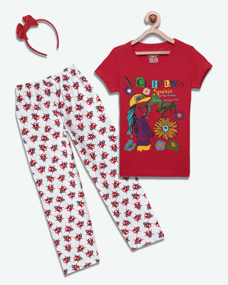 CLAEL Girls Casual Pyjama Sleepsuit(RED_LDBG)