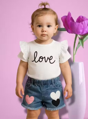 Vinayy Creation Baby Girls Casual Top Shorts(Adorable Baby Girl Love Print White Top & Heart Denim Shorts Set)