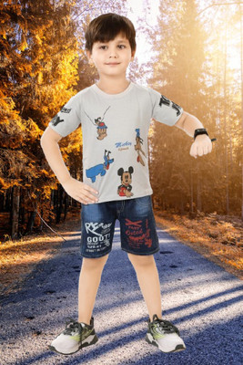Worton Fashion Boys Casual T-shirt Shorts(Grey Mickey)