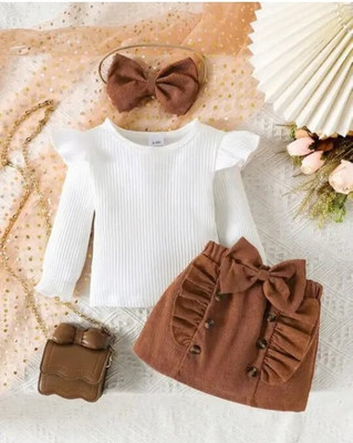 ritviz Baby Girls Party(Festive) Top Skirt(White & Brown)