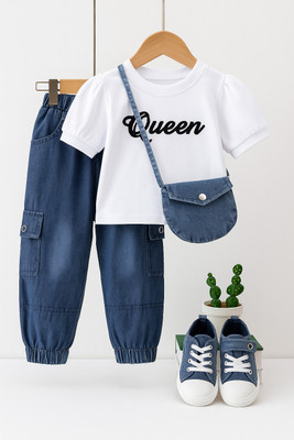 Fashioncore Girls Angry Birds Casual T-shirt Pant, Slingbag(White, Denim Blue)