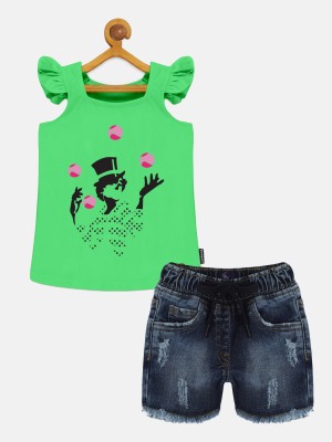 KiddoPanti Girls Casual T-shirt Shorts(Green & Blue)