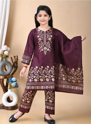 SKRAFATGARMENTS Girls Festive & Party Kurta and Palazzo Set(Purple Pack of 1)