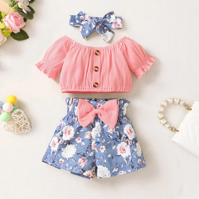 HouseOfCommon Baby Girls Daisy Party(Festive) Top Shorts, Hairband(Peach)