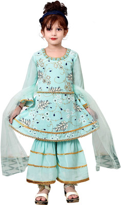 SVM FASHION Girls Festive & Party Kurta and Palazzo Set(Blue Pack of 1)