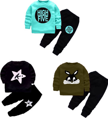 Cute N Tight Boys & Girls Casual T-shirt Pant(Hifi LightBlue, Kstar Black and Cat Olive)