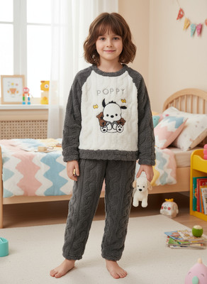 Kavita Fashion Kids Nightwear Boys & Girls Printed Fleece Blend(Grey Pack of 1)