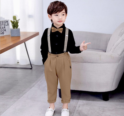JEKESHVI Boys & Girls Party(Festive) Shirt Dungaree, Bow Tie(khakhi)