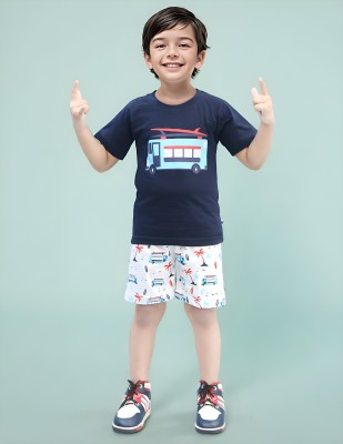 TOONYPORT Boys Casual T-shirt Shorts(Navy Blue, Light Green)