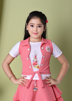 AngelFashion Girls Casual Skirt Jacket, T-shirt(Pink)
