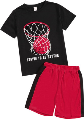 KEESOR Boys & Girls Casual T-shirt Shorts(Red, Black)